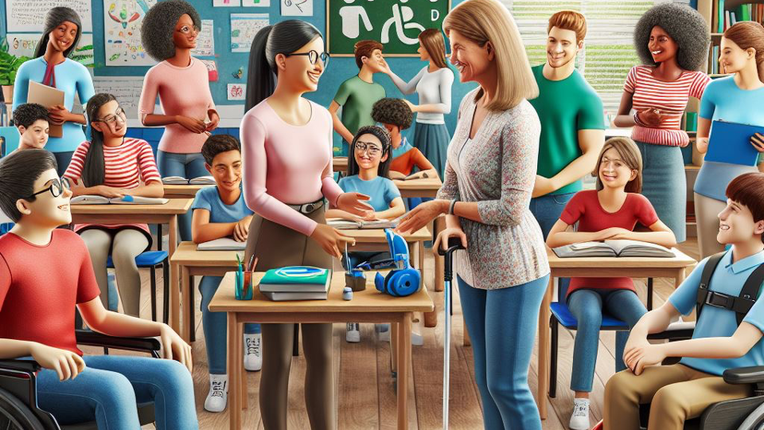 AI-generated illustration of diverse students, including those with disabilities, collaborating in a classroom