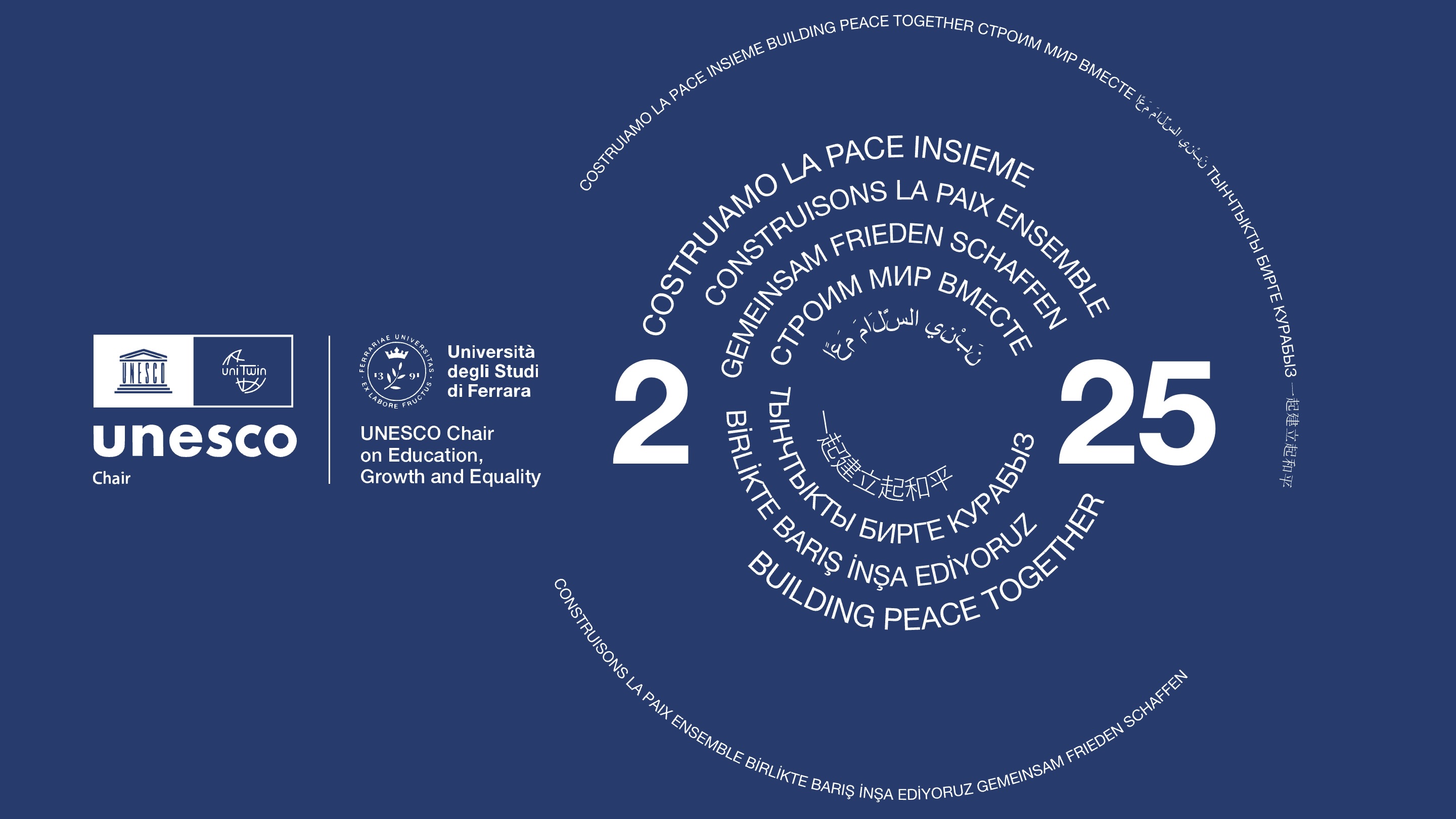 The phrase 'Costruiamo la pace insieme' displayed in multiple languages, promoting the message of building peace together