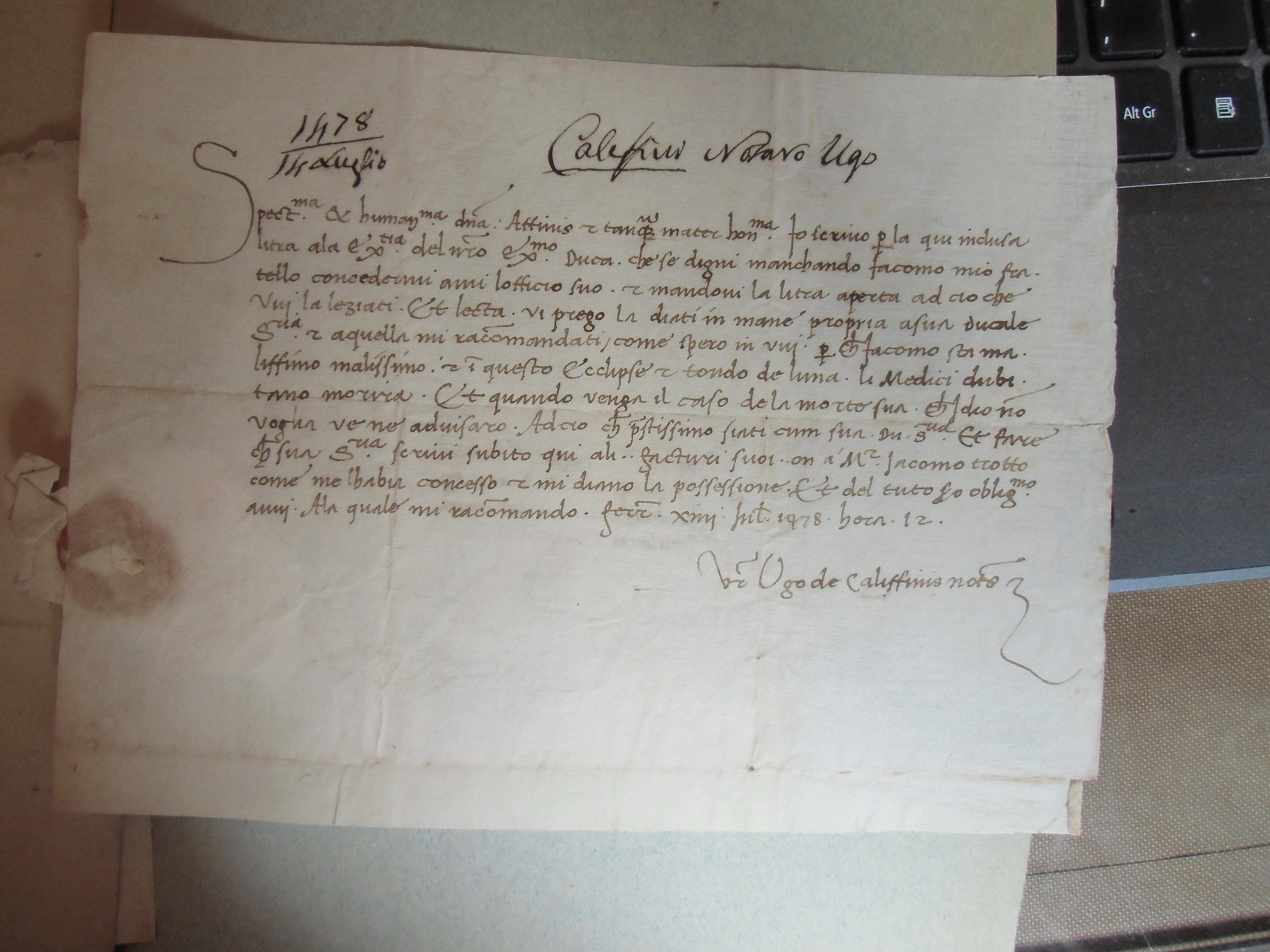 lettera di Caleffini 1478